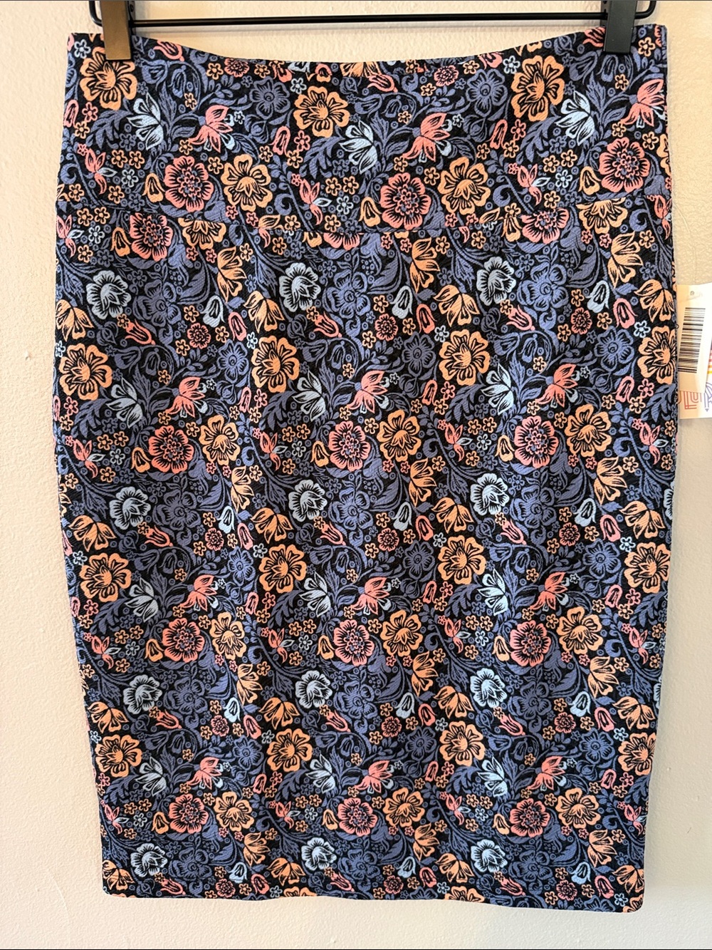 LuLaRoe Navy Floral Pencil Skirt with Peach & Light Blue Accents